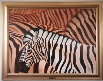 Original Maggie DUVALL ZEBRA PAINTING 44x56" Oil / Canvas, Large Gold Frame Realism Realist Contemporary Art mid-century modern eames era