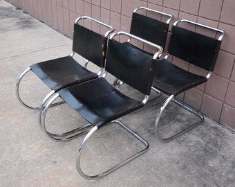 Set of Four 4 Vintage KNOLL MR Side CHAIR, Chrome + Black Leather, Early Label, Mies Van Der Rohe, Mid-Century Modern Bauhaus eames era