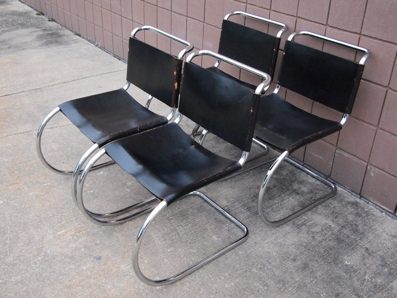 Set of Four 4 Vintage KNOLL MR Side CHAIR, Chrome Black Leather, Early Label, Mies Van Der Rohe, Mid-Century Modern Bauhaus eames era image 1