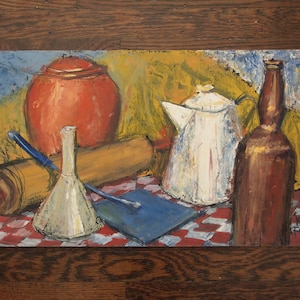 Original Vintage KARL FOSTER Still Life PAINTING 13x25 Oil / Board Kitchen Table Expressionist Art, Mid-Century Modern eames knoll era image 1