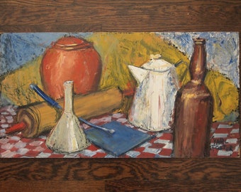Original Vintage KARL FOSTER Still Life PAINTING 13x25" Oil / Board Kitchen Table Expressionist Art, Mid-Century Modern eames knoll era