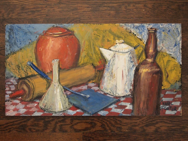 Original Vintage KARL FOSTER Still Life PAINTING 13x25 Oil / Board Kitchen Table Expressionist Art, Mid-Century Modern eames knoll era image 1