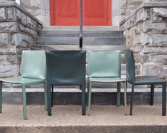 4 Enrico PELLIZZONI Pasqualina LEATHER Dining Side CHAIR, Pale Dark Green Italian Post-Modern cassina mario bellini cab eames knoll era