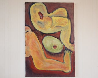 Original Vintage DAVID BLUMER Abstract Figurative PAINTING 30x20" Oil / Canvas Mid-Century Modern Art cubism surrealism folk outsider eames