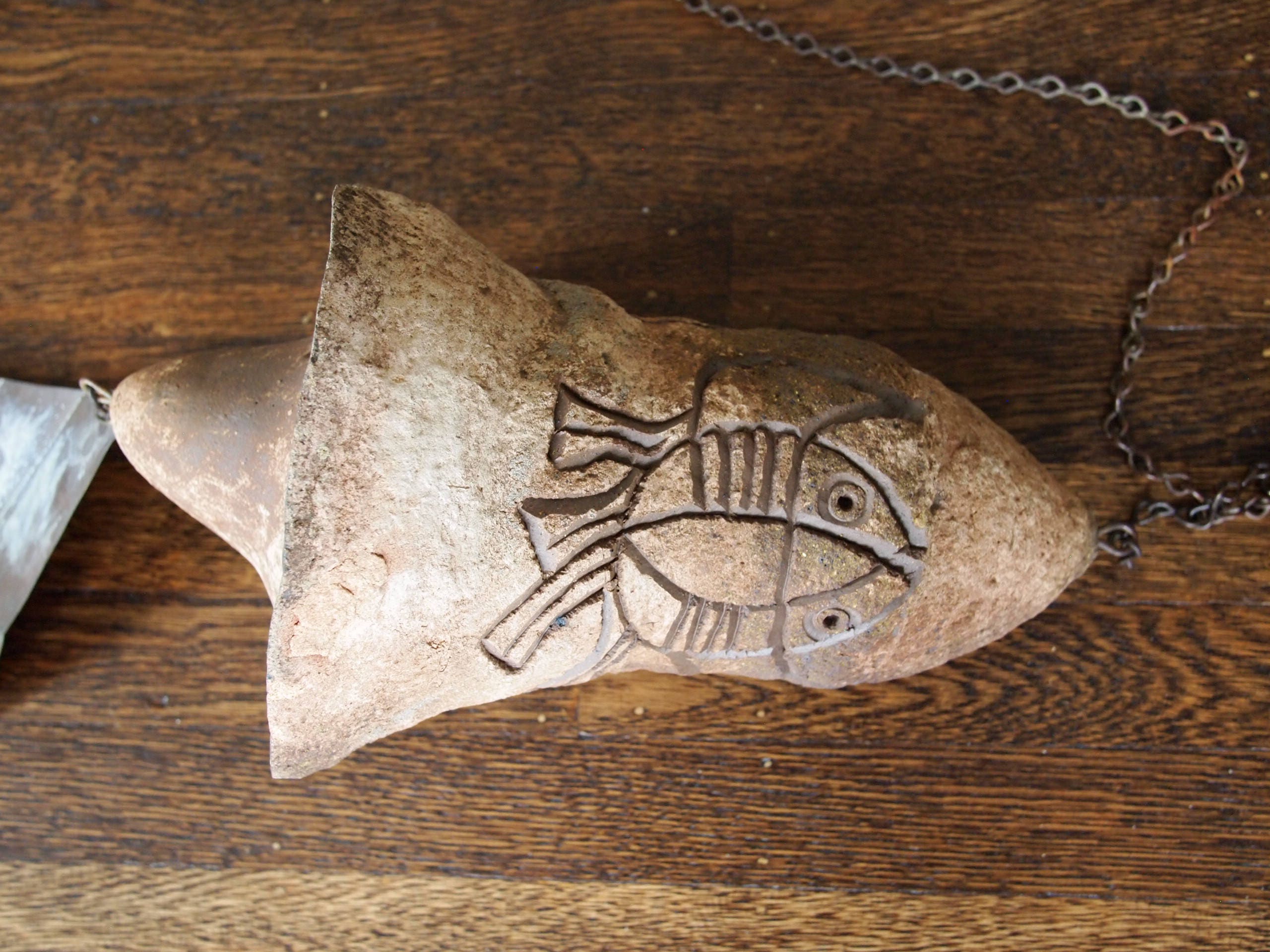 Rare Vintage Paolo Soleri Large Ceramic Bell Wind Chime, Abstract Fish Crab, Clay Copper, Mid-Century Modern Italian Eames Knoll Dansk Era