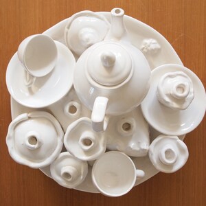 Vintage TEA PARTY SCULPTURE White Ceramic 13x12x7 Teapot Teacups Cupcakes Pie Saucers Plate, Mid-Century Modern Art folk eames knoll era image 4