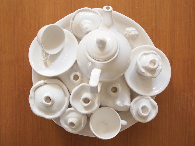 Vintage TEA PARTY SCULPTURE White Ceramic 13x12x7 Teapot Teacups Cupcakes Pie Saucers Plate, Mid-Century Modern Art folk eames knoll era image 4