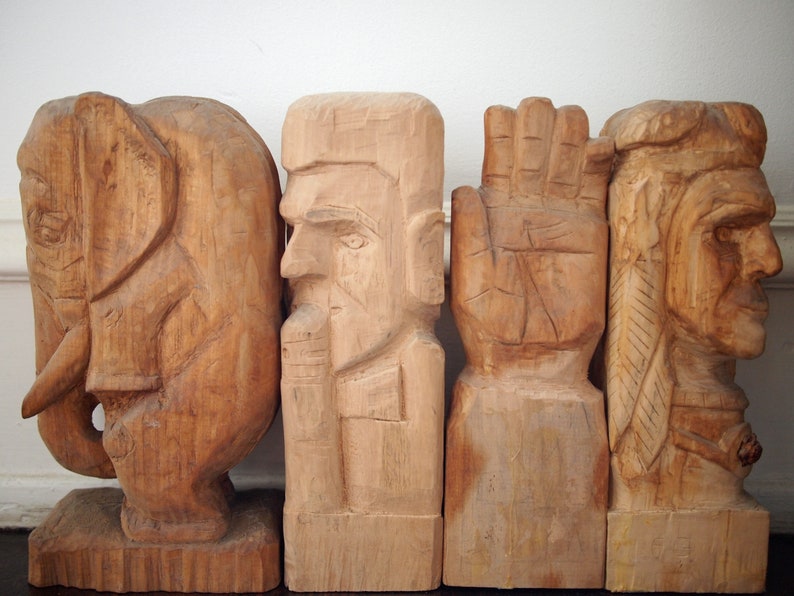 12 High FRED GERBER Hand-Carved Wood SCULPTURE Phallic Man Bust Portrait Carving Modern Folk Outsider Art Brut wooden eames era