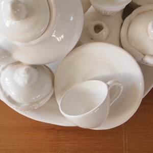 Vintage TEA PARTY SCULPTURE White Ceramic 13x12x7 Teapot Teacups Cupcakes Pie Saucers Plate, Mid-Century Modern Art folk eames knoll era image 7