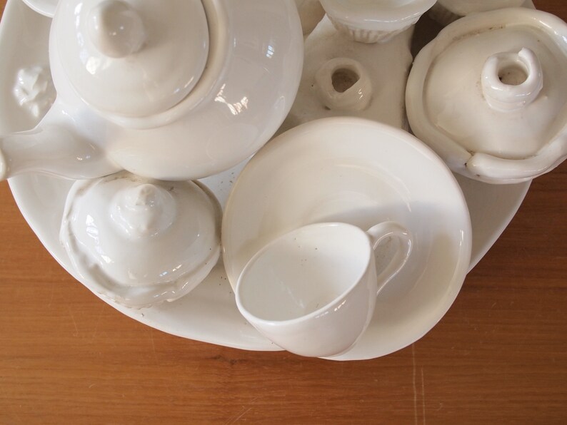 Vintage TEA PARTY SCULPTURE White Ceramic 13x12x7 Teapot Teacups Cupcakes Pie Saucers Plate, Mid-Century Modern Art folk eames knoll era image 7