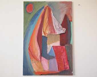 Original Vintage DAVID BLUMER Abstract Expressionist PAINTING 36x24" Oil / Canvas Mixed Media Mid-Century Modern Art folk outsider eames era