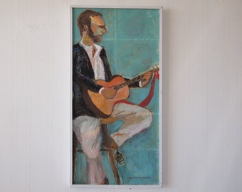 Original Vintage GUITARIST PORTRAIT PAINTING 31x16" Oil / Canvas Framed, Man Playing Guitar Expressionist Mid-Century Modern Art eames era