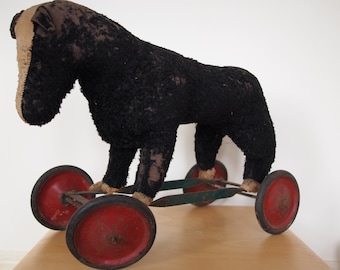 Vintage Antique Stuffed HORSE PULL TOY, Steiff, Wheels, Folk Art rustic primitive mid-century modern eames era