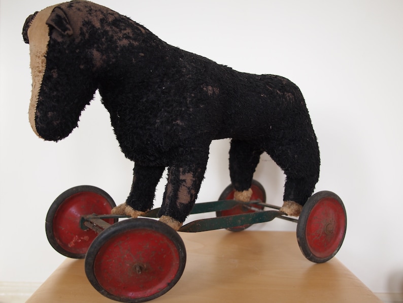 Vintage Antique Stuffed HORSE PULL TOY, Steiff, Wheels, Folk Art rustic primitive mid-century modern eames era image 1