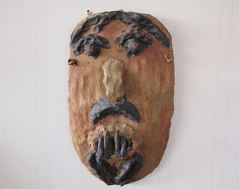 Original LOUIS MENDEZ Ceramic FACE Mask Wall Sculpture 12x7" Man Studio Pottery Mid-Century Modern expressionist folk art eames knoll era