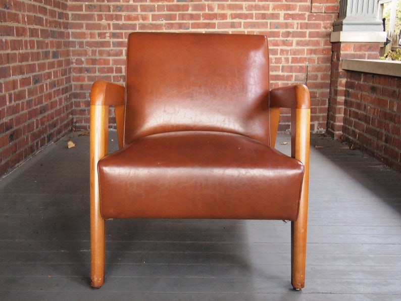 Russel WRIGHT LOUNGE Arm CHAIR Armchair, Maple Wood Frame, Brown Leather-Like Vinyl, Mid-Century Modern thonet danish eames knoll risom era image 2