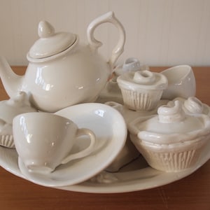 Vintage TEA PARTY SCULPTURE White Ceramic 13x12x7 Teapot Teacups Cupcakes Pie Saucers Plate, Mid-Century Modern Art folk eames knoll era image 1