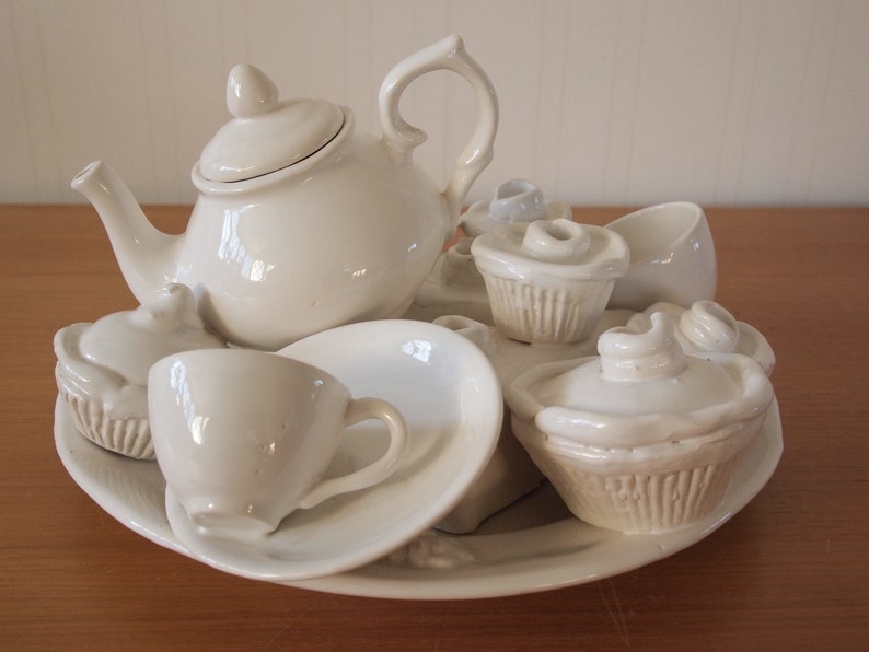 Vintage TEA PARTY SCULPTURE White Ceramic 13x12x7 Teapot Teacups Cupcakes Pie Saucers Plate, Mid-Century Modern Art folk eames knoll era image 1