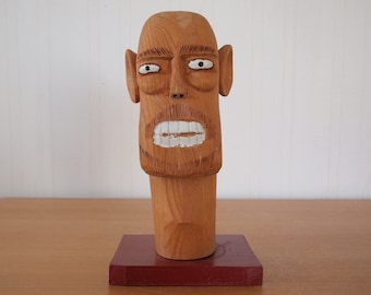 Originele SULTON ROGERS Folk Art SCULPTUUR Handgesneden Houten Buste, 10 "Hoog, Man Mannelijk Portret Moderne outsider kunst brut Zwart Afro-Amerikaans