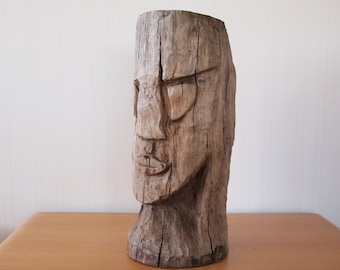 Vintage rustiek gesneden houten hoofd 20 "hoge buste sculptuur verweerd patina outsider volkskunst mid-century moderne tribale primitieve eames tijdperk