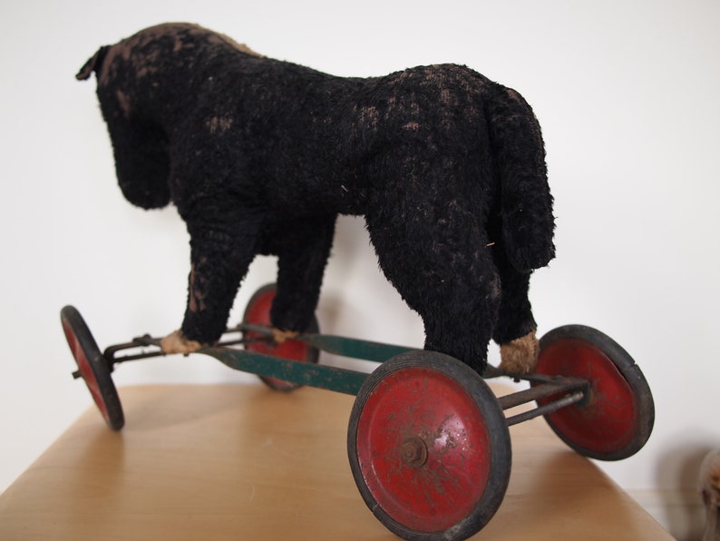 Vintage Antique Stuffed HORSE PULL TOY, Steiff, Wheels, Folk Art rustic primitive mid-century modern eames era image 5