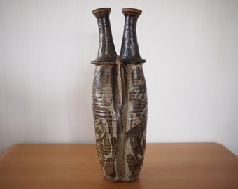 Vintage Large DOUBLE Neck Spout Twin VASE, 19" Attr. Vivika Otto HEINO, Ribbed Mid-Century Modern studio pottery ceramic weed pot eames era