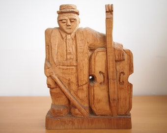 FRED GERBER Hand-Carved Wood SCULPTURE 12" High, Upright Bass Player Man Portrait Carving Modern Folk Outsider Art Brut wooden eames era