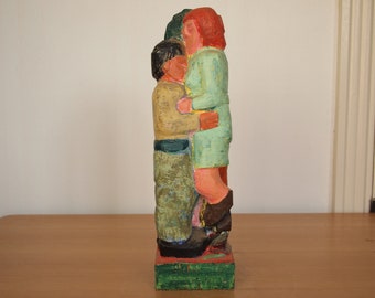 Vintage FRED GERBER Hand-Carved Wood SCULPTURE 14" Polychrome Figures Family Man Woman Children Dog Modern Folk Outsider Art vintage eames