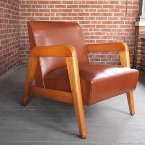 Russel WRIGHT LOUNGE Arm CHAIR Armchair, Maple Wood Frame, Brown Leather-Like Vinyl, Mid-Century Modern thonet danish eames knoll risom era image 3
