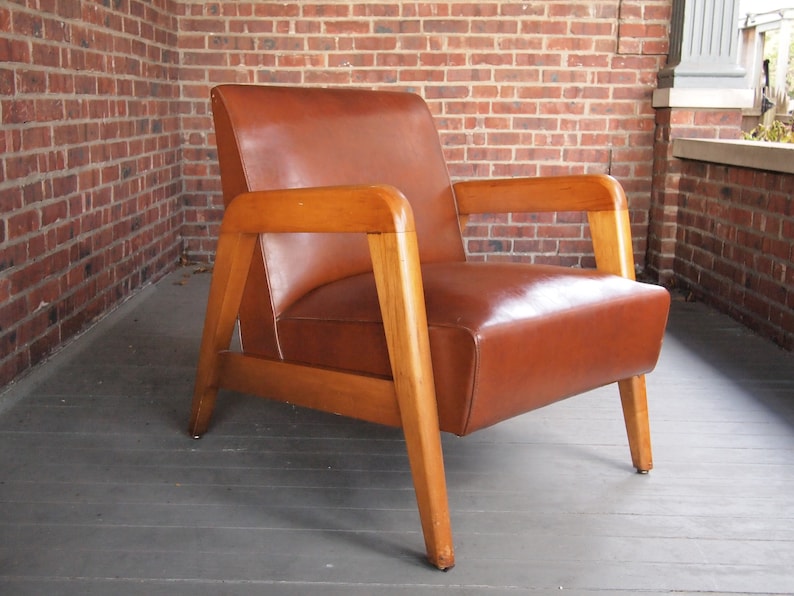 Russel WRIGHT LOUNGE Arm CHAIR Armchair, Maple Wood Frame, Brown Leather-Like Vinyl, Mid-Century Modern thonet danish eames knoll risom era image 3