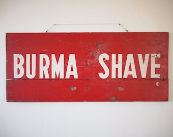 Vintage BURMA SHAVE Wood SIGN Advertising Billboard 17x40" Red Mid-Century Modern Americana typography typeface font folk art eames era