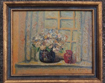 Original Vintage FLORAL Still LIFE PAINTING 10x12" Oil / Board Framed Impasto Flowers Vase Expressionist Art Mid-Century Modern eames knoll