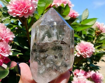 Garden Quartz Crystal Tower, Lodolite Scenic Point, Green Pink Inclusions, 3.7" x 2.2"