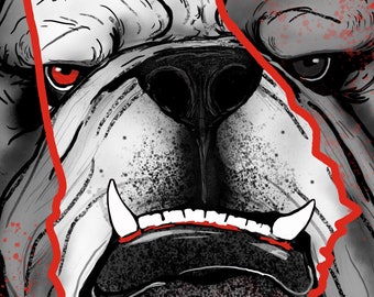 Georgia Bulldogs - Inspired Artwork - English Bulldog - Hairy Dog - UGA - University of Georgia - College Football Art - 8x10 - 16x20 Print