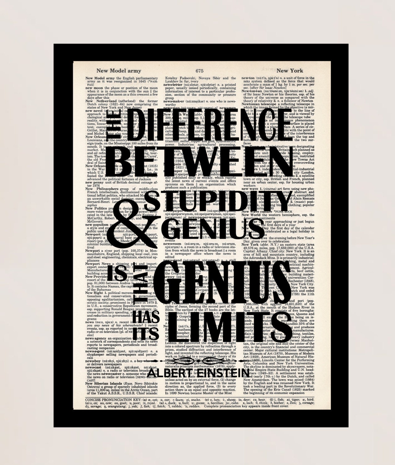 Albert Einstein Quote - the Difference Between Stupidity and Genius is That  Genius Has Its Limits - Dictionary Print - Typography - Etsy Norway, image size:1275x1500