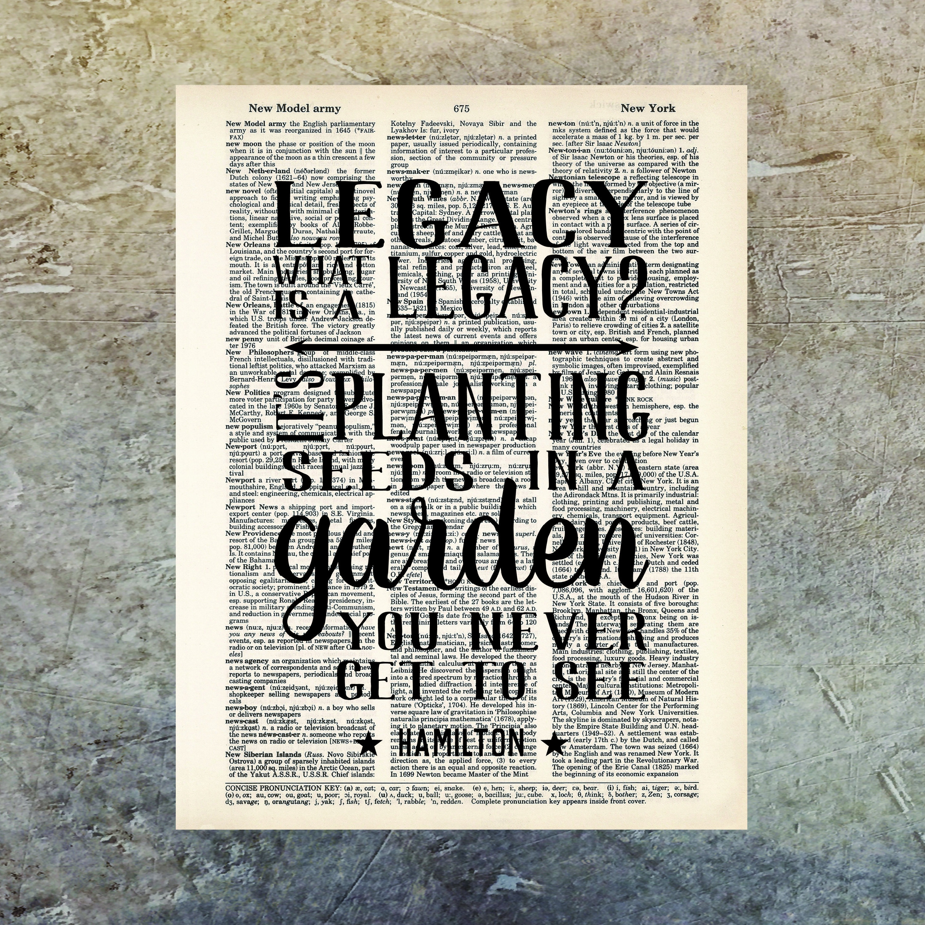 Legacy It's Planting Seeds in a Garden You Never Get to See - Hamilton Quote  - Musical Gift - Inspirational Quote - Dictionary Print - Etsy