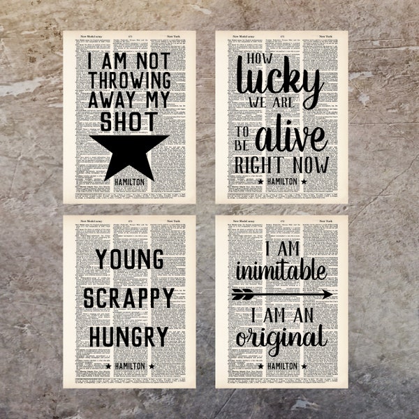 Hamilton Gift Pack - Four Hamilton Quotes - Dictionary Art Prints - Value Priced Gift for Hamilton Fans - Theater Lovers Gift