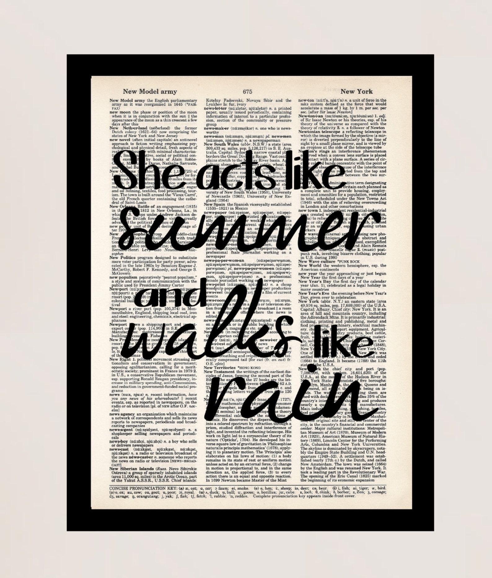 She Acts Like Summer and Walks Like Rain Typography Dictionary Page Art