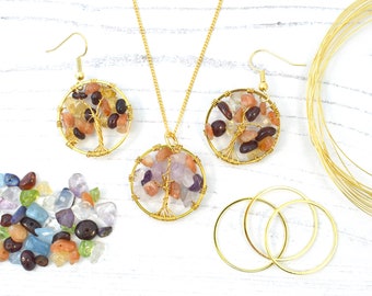 DIY Tree of Life Jewelry Kit: Gemstone Bead Earring & Necklace Set