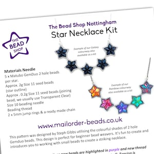 May include: A craft kit for making a star necklace. The kit includes 5 packs of 2-hole beads, seed beads, beading thread, jump rings, and a ready-made chain. The kit comes with instructions and examples of two different colorways: Galaxy and Rainbow.