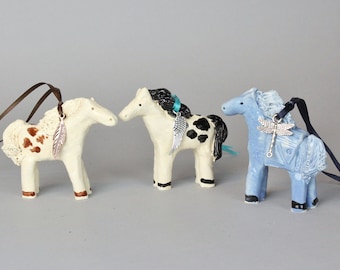 3-D Horse Ornaments, Handmade Clay Ponies to Hang on the Christmas Tree.  Sold Individually.