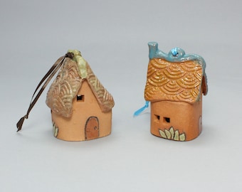 Handmade Terracotta Tiny House Ornament, 3" Tall, Shorter Southwest Casita, Clay Christmas Decoration