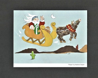 Southwest Santa Card, Javelina Christmas Card, "Peace" by Arizona Artist, Karlene Voepel.