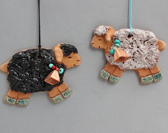 Clay Sheep Ornaments, White Sheep, Black Sheep, Sold Individually.  Handmade Lambs from Terra Cotta by Arizona Artist, Karlene Voepel.