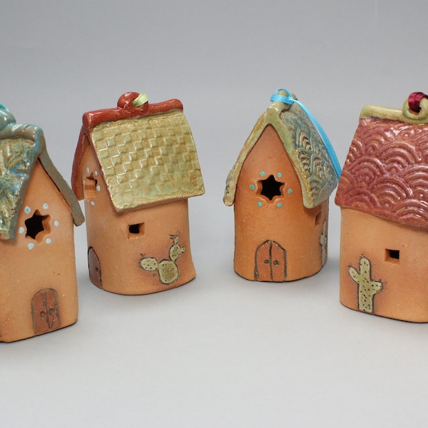 Southwest Tall House Ornaments, Hanging Tiny Terra Cotta Casita by Arizona Clay Artist, Karlene Voepel. Sold Individually.