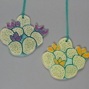 Prickly Pear Cactus Ornament, Southwest Clay Desert Art by Arizona Artist, Karlene Voepel.  Sold individually.
