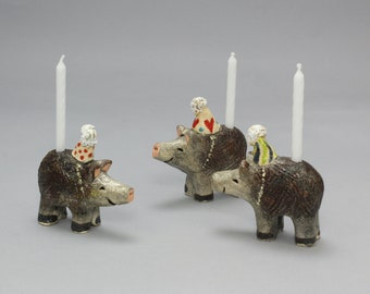 Javelina Birthday Candle Holder with Matching Birthday Card by Karlene Voepel, Handmade Ceramics. Sold individually.