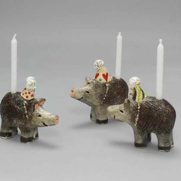 Javelina Birthday Candle Holder with Matching Birthday Card by Karlene Voepel, Handmade Ceramics. Sold individually.