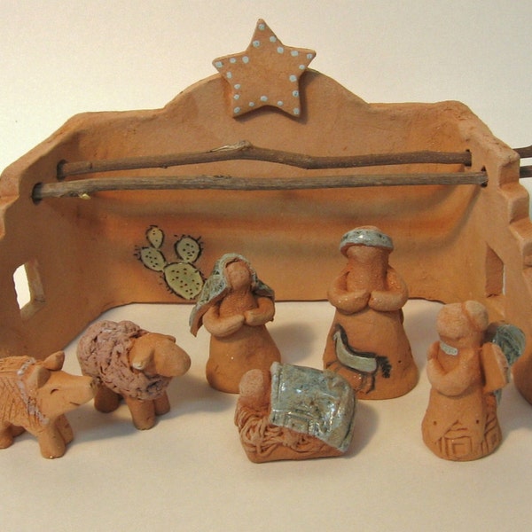 Sedona Southwest Nativity Set, 6 Figures with Stable, Unique Creche Handmade of Terra Cotta Clay, by Arizona Artist, Karlene Voepel