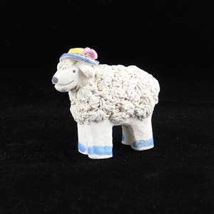 Lamb in Country Hat, Handmade Ceramic Figurine, Collectible Sheep by Karlene Voepel.  Sold individually.